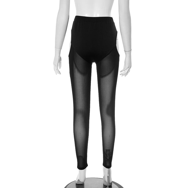 Women Spring and Summer Mesh See-Through Hollow Cross Line Loose Pants 8
