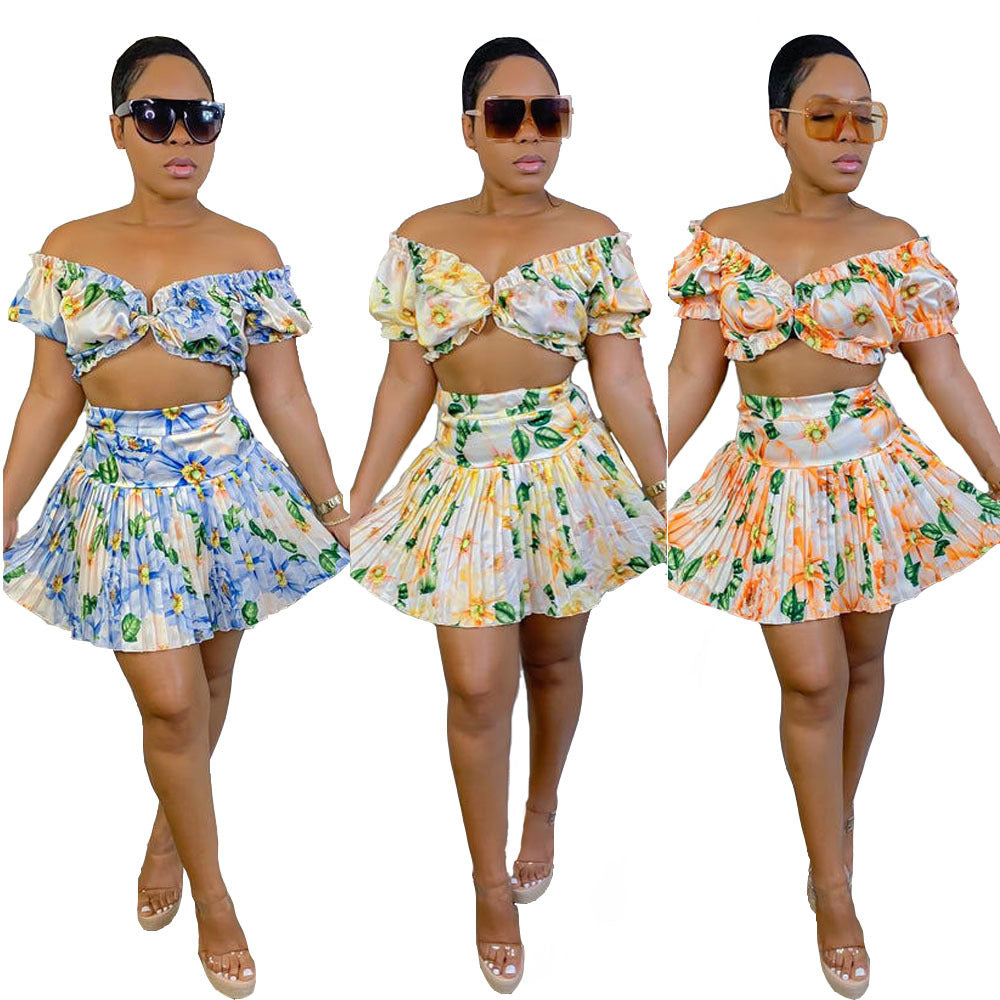 Floral Printed Ruffle Off Shoulder Short Sleeve Top + Pleated Skirt Two Piece Set 8