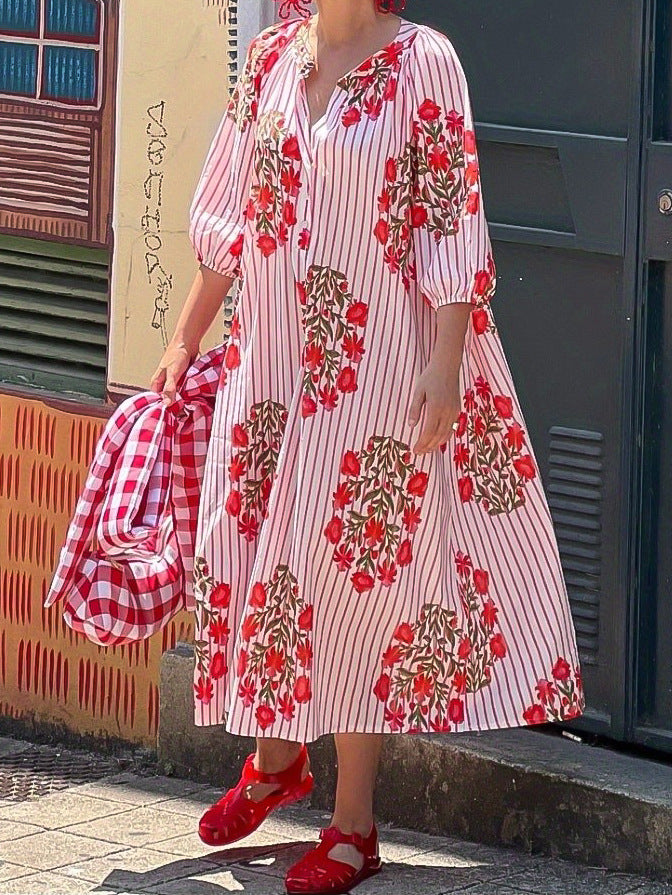 Women Casual Holiday V-Neck Three-Quarter Sleeve Dress