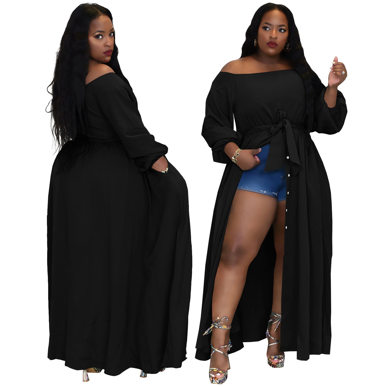 Plus Size Women Long Sleeve Pocket Button Slit Dress 7