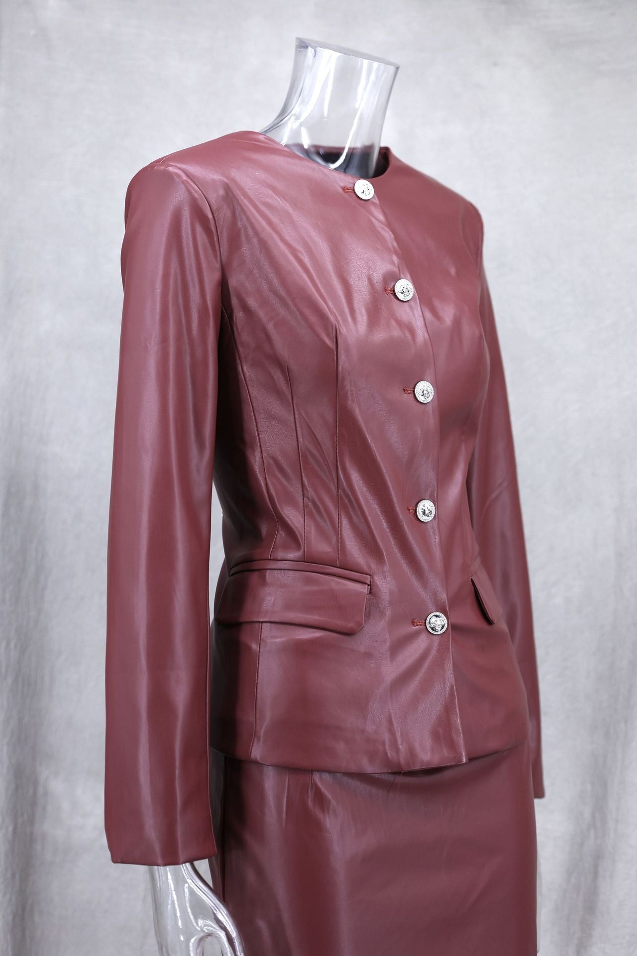 Autumn Winter Slim Fit Chic Leather Jacket Skirt Suit 13