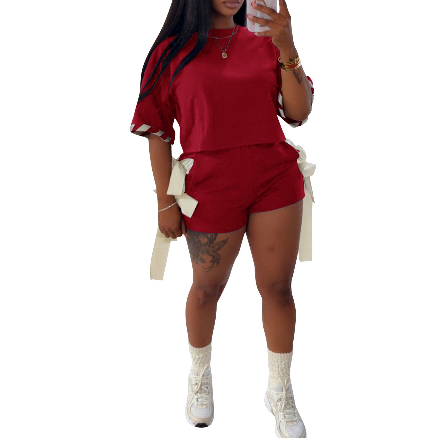 Women Casual Solid Round Neck Short-Sleeved T-Shirt and Shorts Two-Piece Set 15