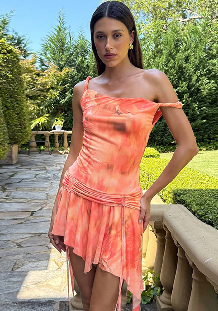 Spring and Summer Women's Slash Shoulder Contrast Color Slim Sexy Low Back Bodycon Print Dress