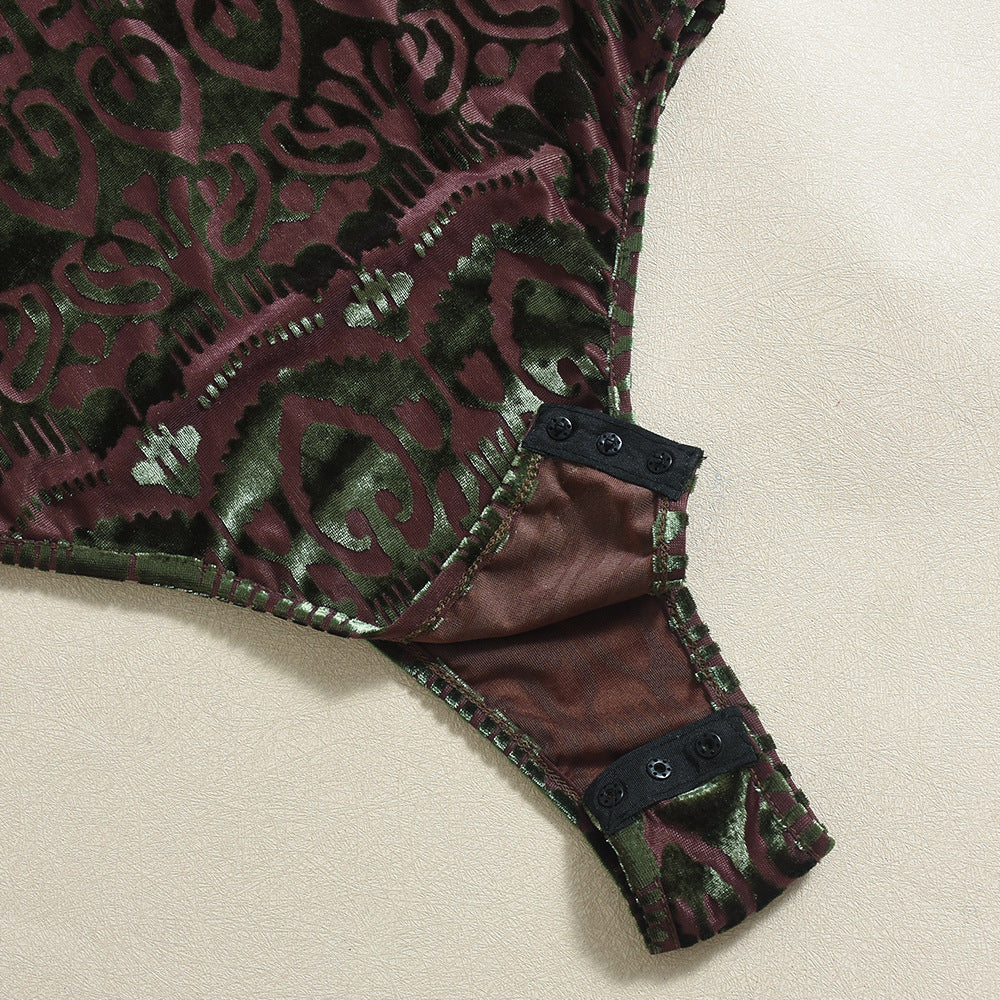 Women's Sexy Autumn Slim-Fitting Flocked Round Neck Long Sleeve Stretch Bodysuit 14