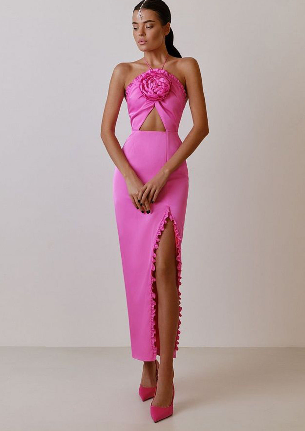 Summer Flower Sexy Strapless Halter Low Back Slit Long Party Dress 3