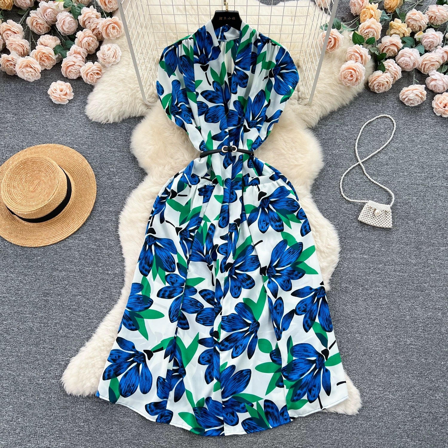 Women Vintage V-Neck Print Summer French Lace-Up Maxi Shirt Dress 14