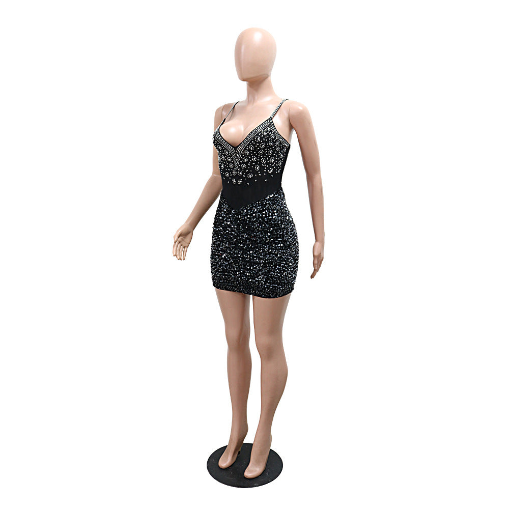 Women Beaded Sexy Suspender V-Neck Formal Party Bodycon Dress 4