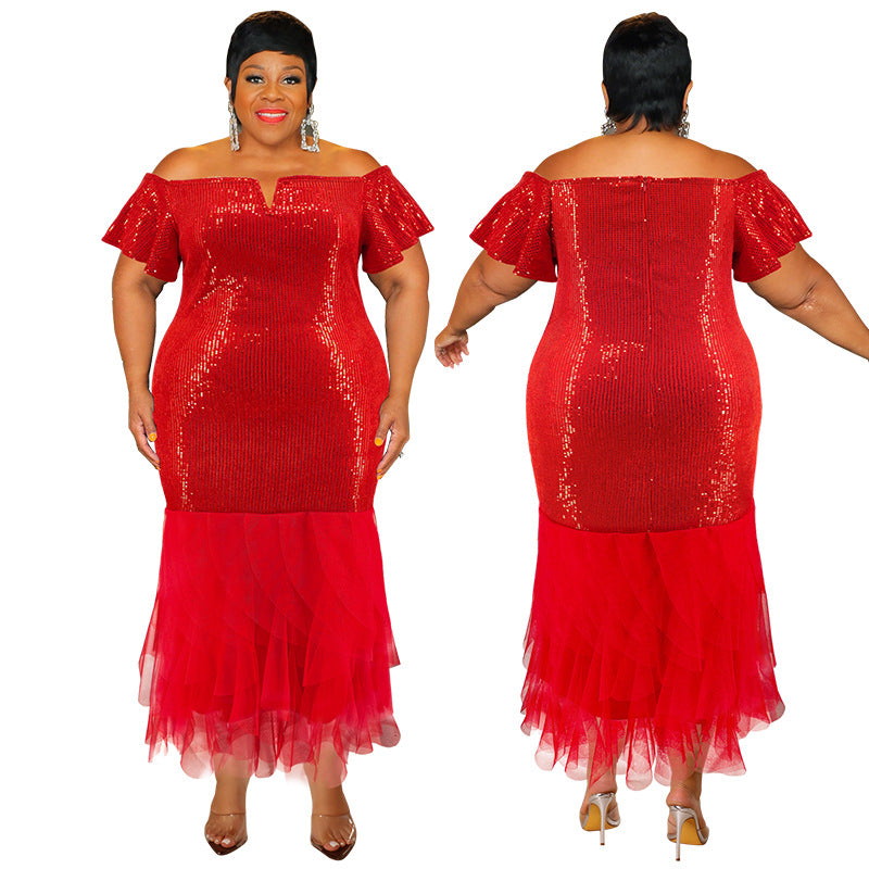 Plus Size Women off shoulder short sleeve Midi Dress 3