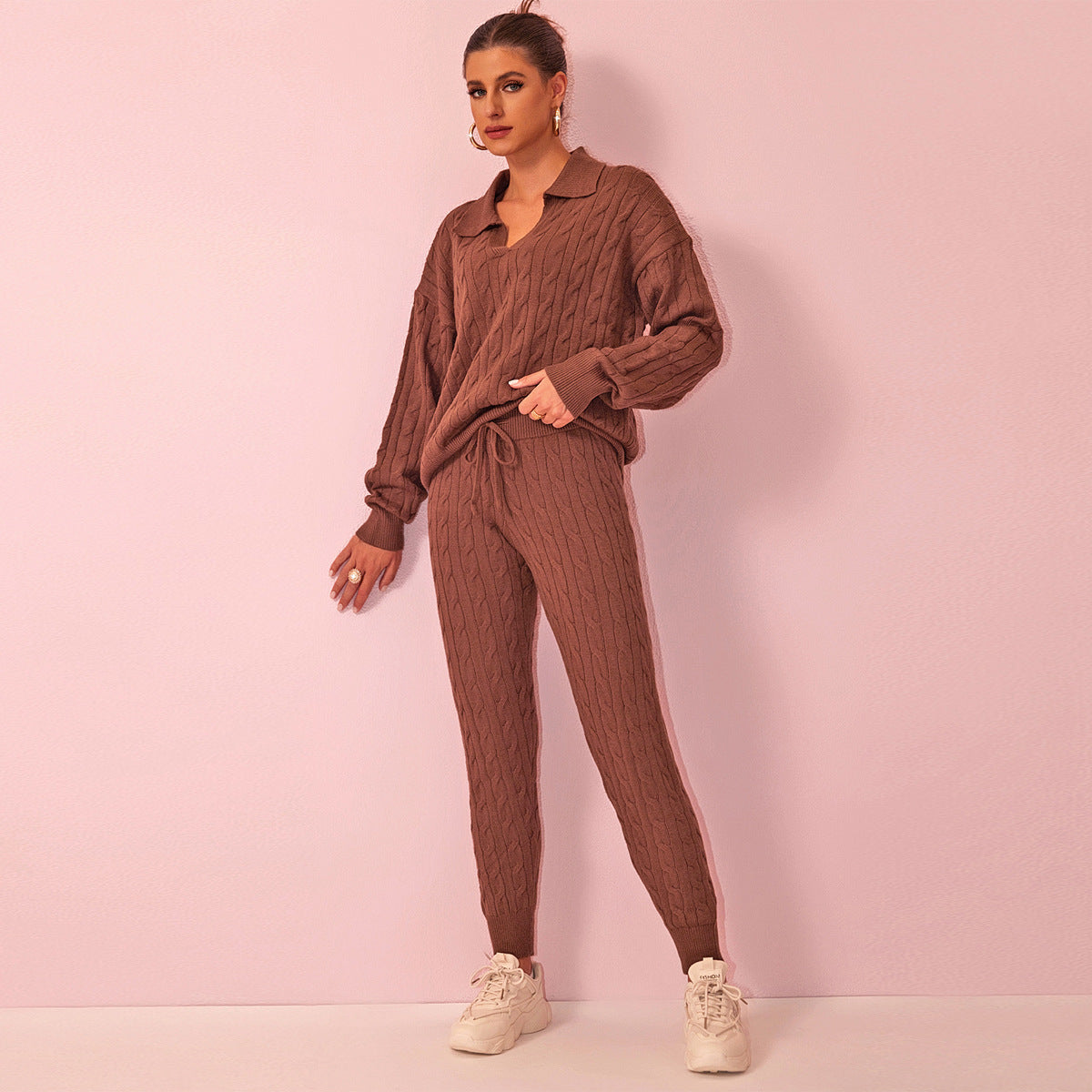 Autumn Winter Women Fashion Solid Color Sweater Trousers Knitting Two-Piece Set 4