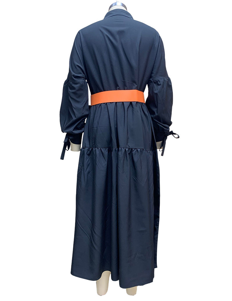 Spring Women's Fashion Chic Turndown Collar Long Sleeve Casual Midi Dress 16