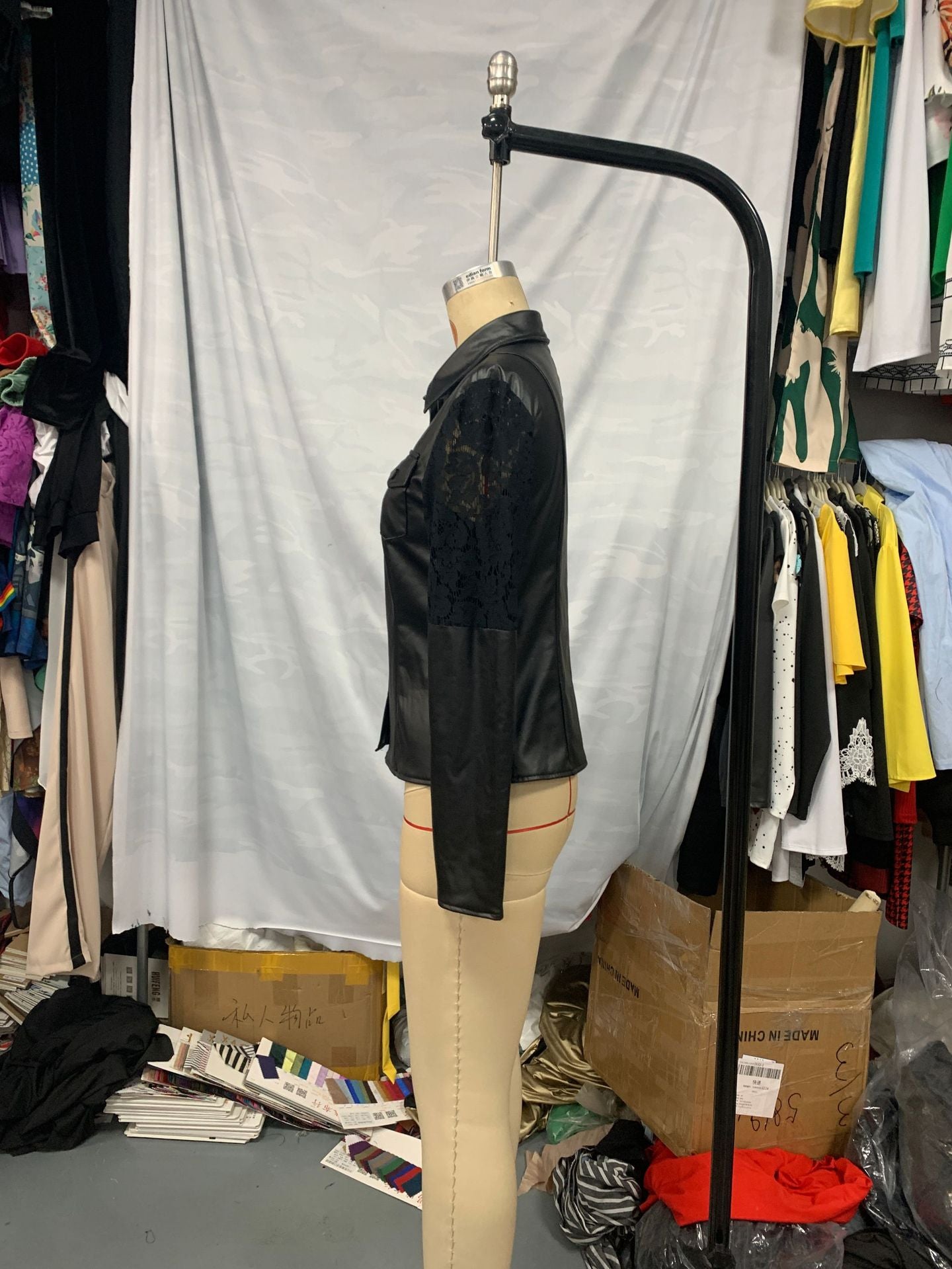 Women sexy black lace patchwork Pu-Leather Top shirt 4