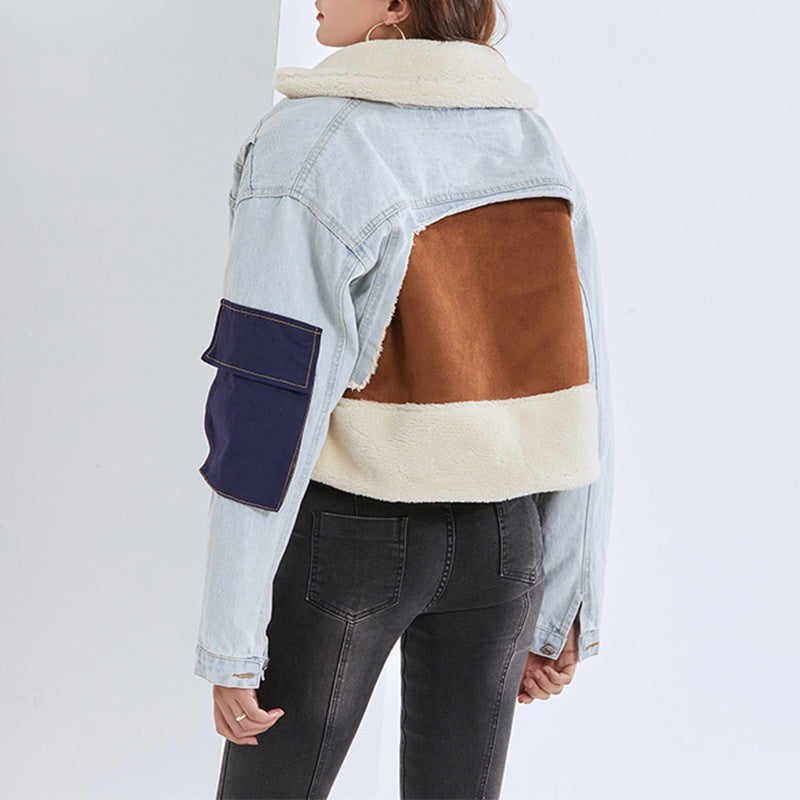 Women Lamb Wool Patchwork Loose Casual Denim Crop Jacket