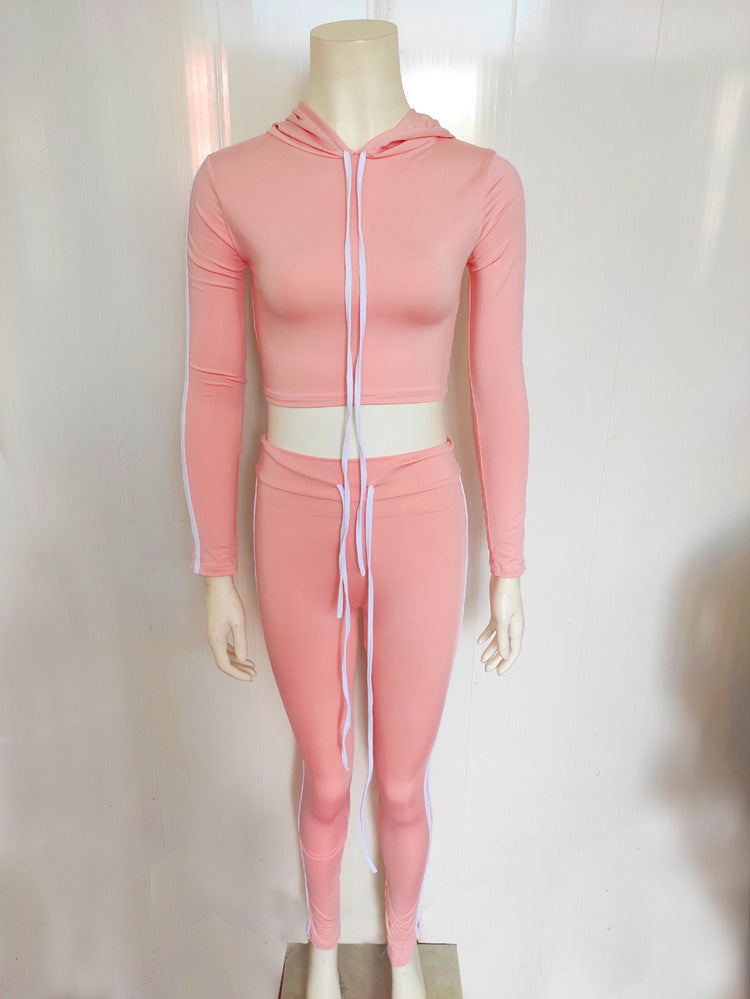 Women Striped Stretchy Hooded Drawstring Top Long Pants Two-piece Set 13