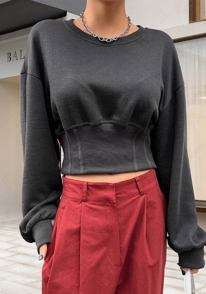Women's Autumn Loose Slim Waist Round Neck Long Sleeve Top