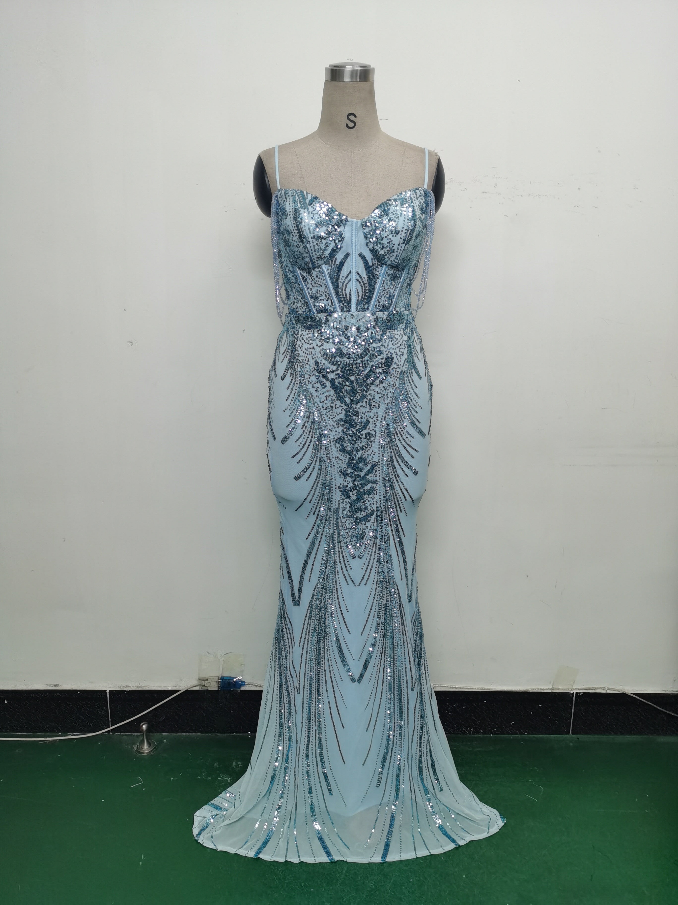 Fishbone Slim Waist Sexy Rhinestone Chain Strap Evening Dress 36