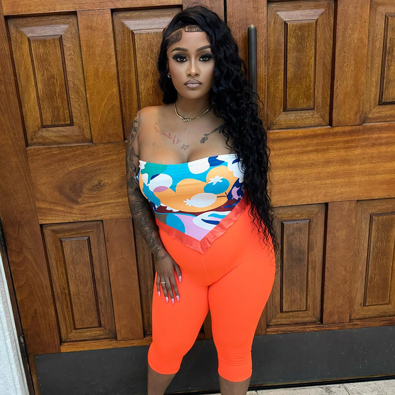 Women Spring/Summer Strapless Off-Shoulder Multi-Color Scarf Knot Solid Top Two-Piece Set 5