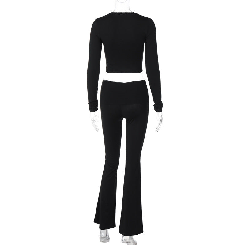 Women's Spring Long-Sleeved V-Neck Crop Top High Waist Trousers Casual Home Wear For Women 12