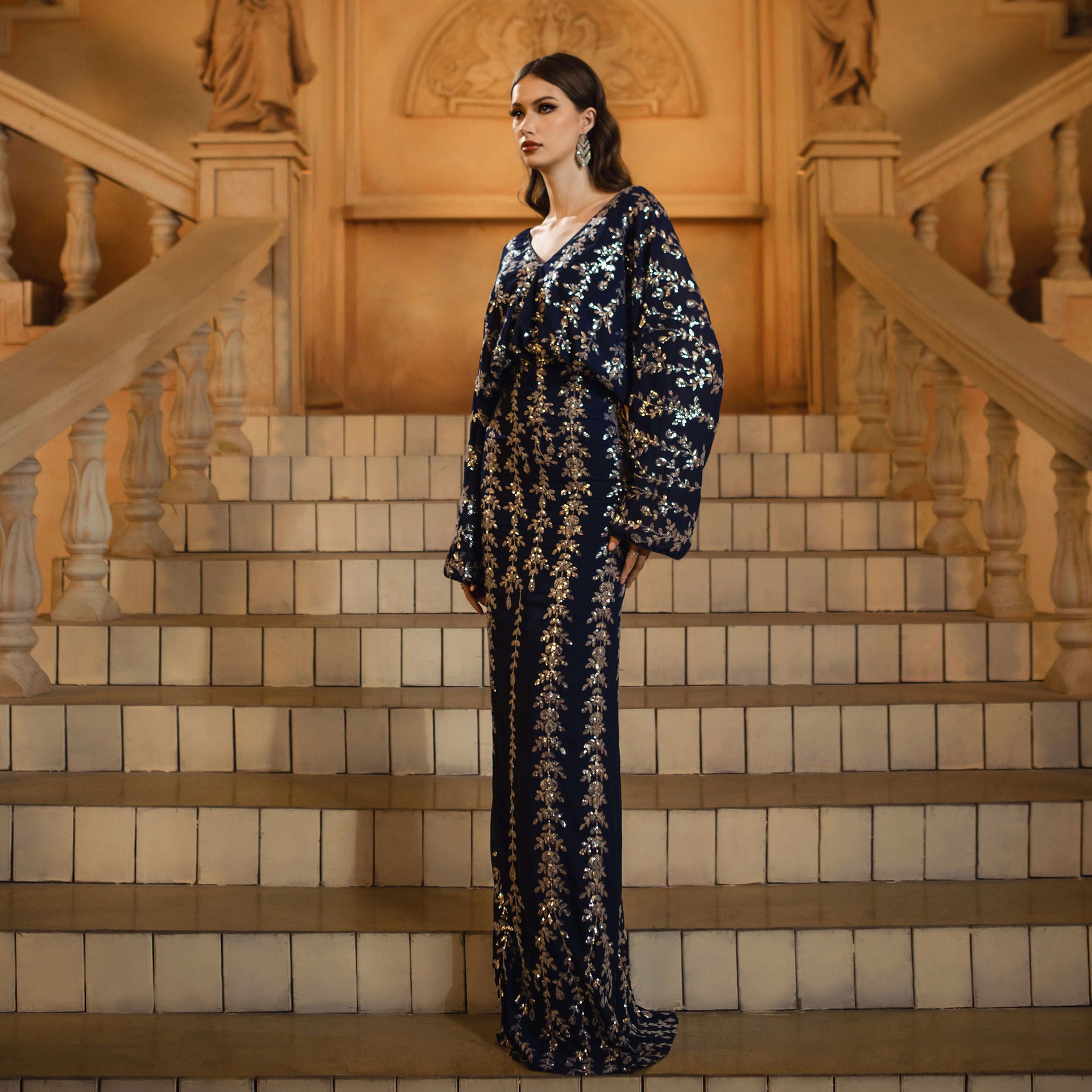 Women long-sleeved v-neck Bodycon sequins Formal Party Fishtail Evening Dress 5