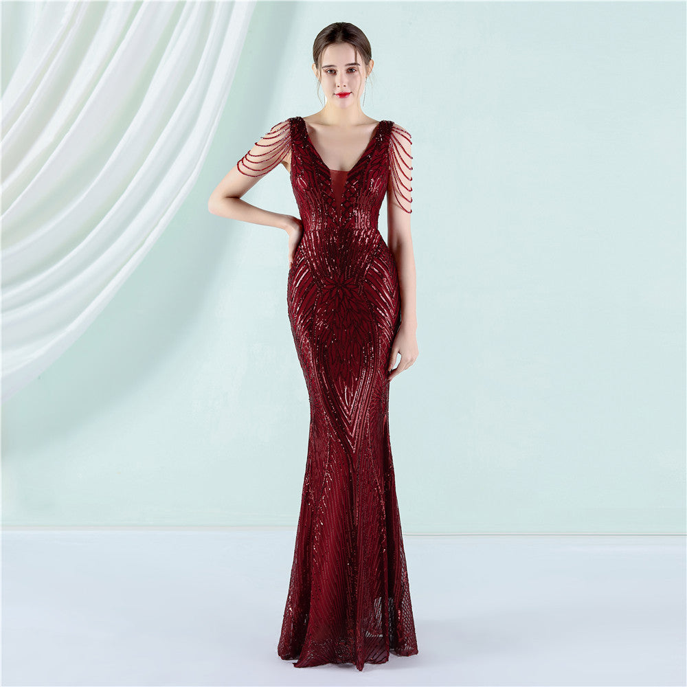 Women Summer Burgunry Modest v-Neck Sleeveless Patchwork Sequined Mermaid Fringed Evening Dress 4