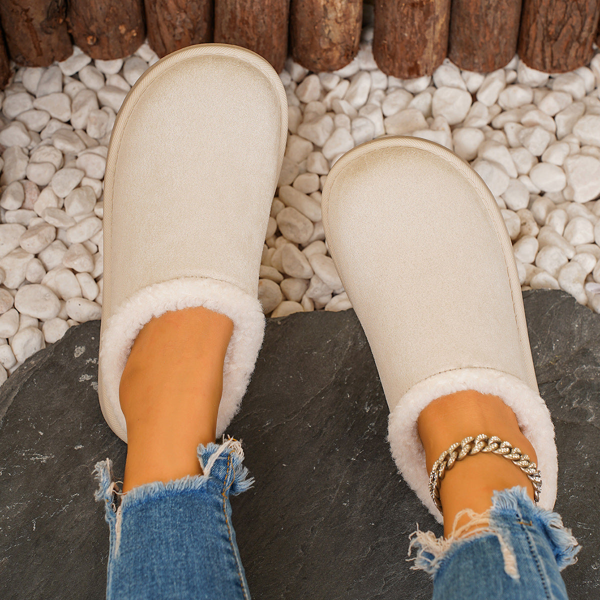 Women's Winter Plush Warm Fleece Soft Sole Round Toe Flat Bottom Slippers 17