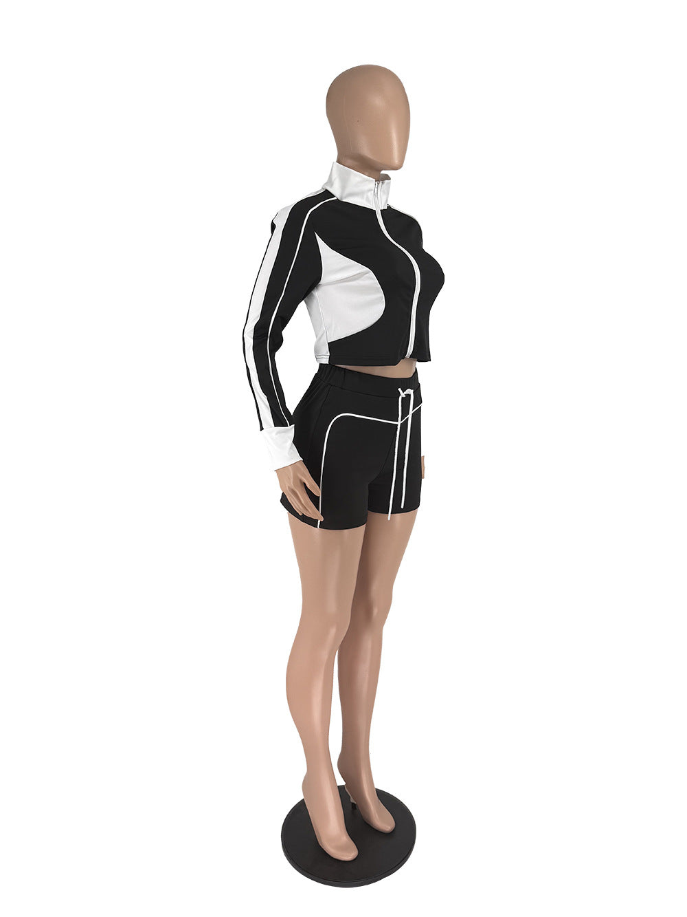 Women Summer Contrast Color Patchwork Long Sleeve Top and Shorts Sports Two-piece Set 14