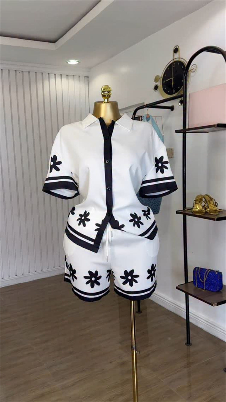 Summer Women's Fashion Turn-Down Collar Color-Block Printed Shirt & Wide-Leg Shorts Casual Set 7