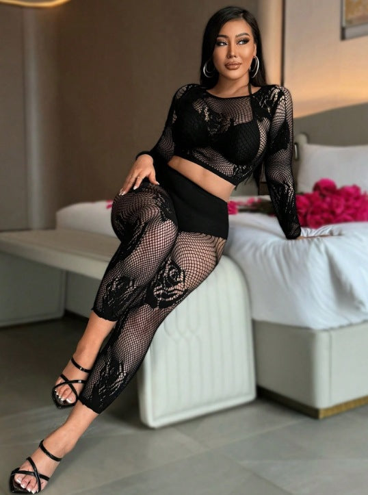 Sexy Net Clothes See Through Hollow Mesh Long Sleeve Two Piece Pants For Night Club 6