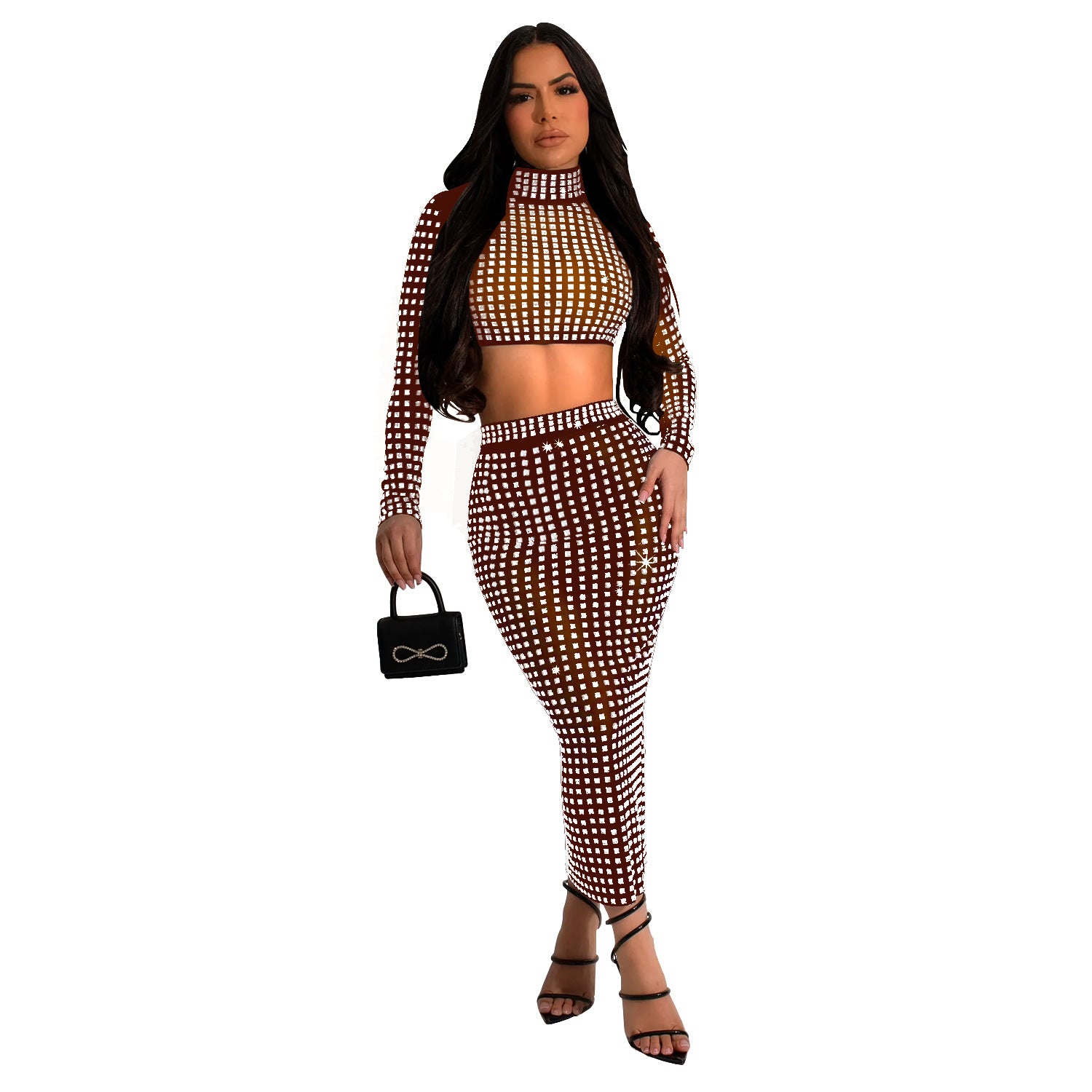 Women Solid Beaded Mesh Top and Pants Two-piece Set 9