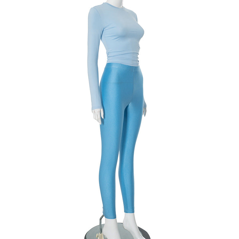 Women Round Neck Long Sleeve Top Pants Casual Two Piece Set 11