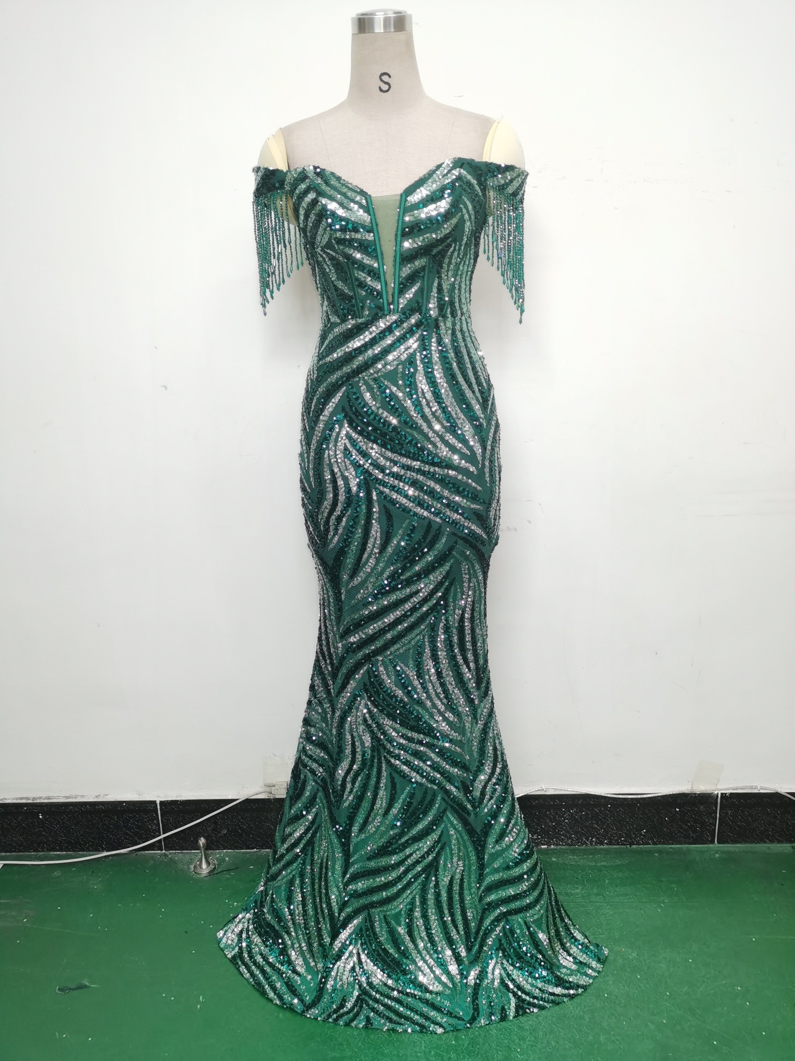 Off Shoulder Tassels Fishbone Slim Waist Lace-Up Sequin Evening Dress 27