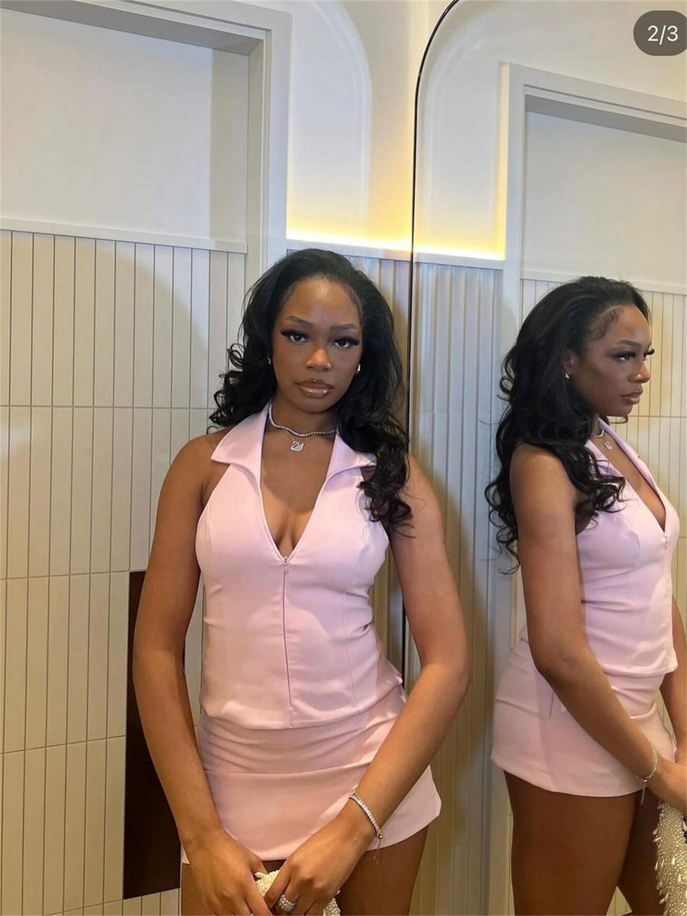 Fashion solid color low back sexy zipper turn-down collar short vest and shorts set 5