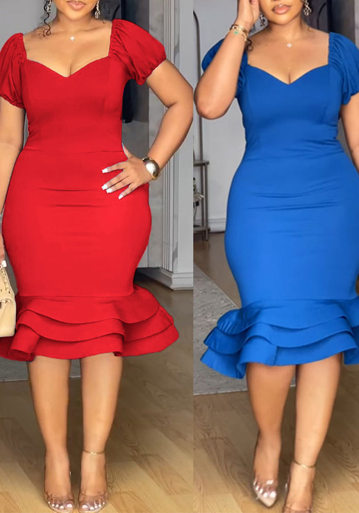 Women Stretch Lantern Sleeve Wave Bodycon Dress