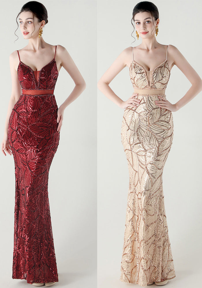 Women See-Through Mesh back cross Lace-Up fishtail sequined evening dress