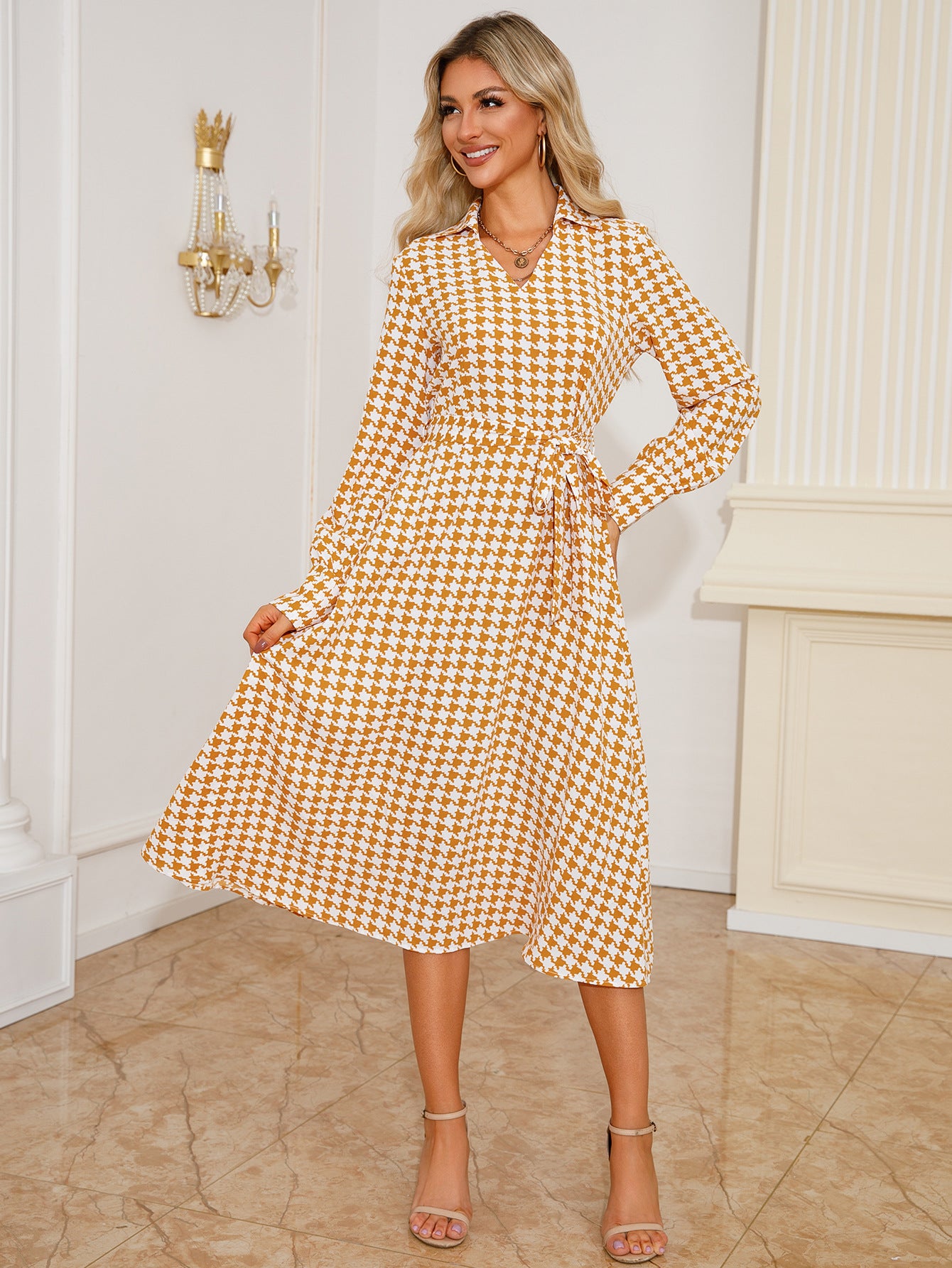 Autumn Long Sleeve V-Neck Houndstooth Print Belt Midi Casual Dress 10