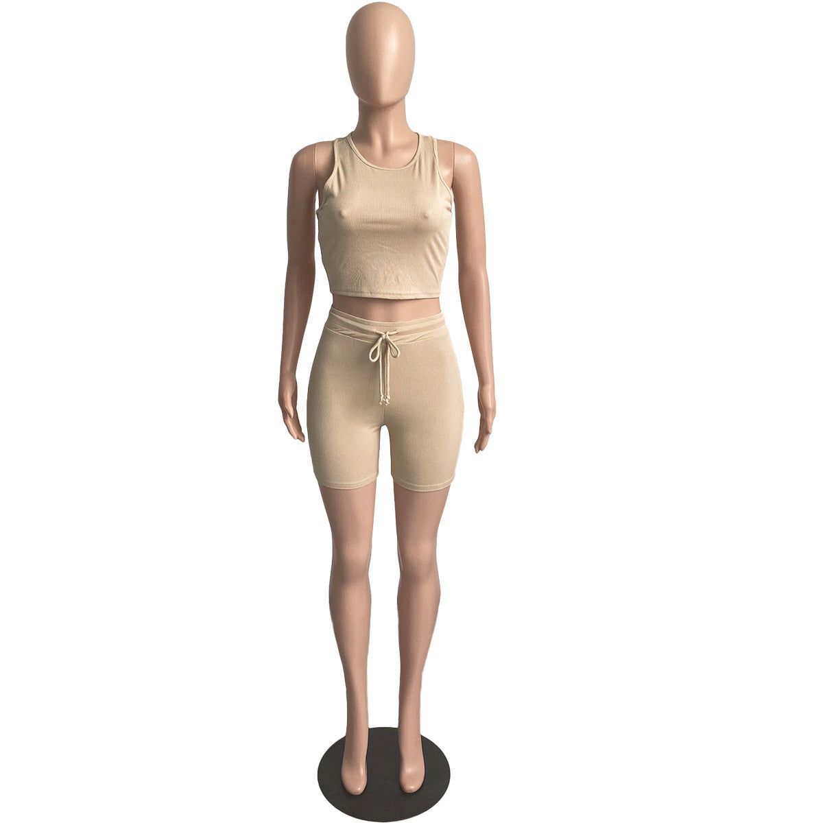 Summer Women's Casual Ribbed Vest & Drawstring Shorts Sports Two-Piece Set 9