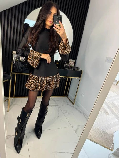 Women Spring Leopard Print Patchwork Bell Bottom Sleeve Mini Dress