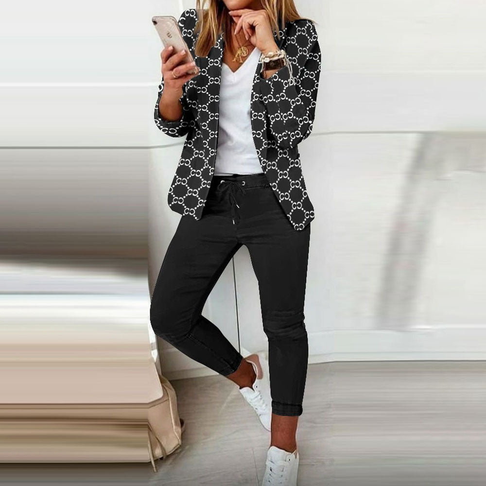 Autumn Winter Fashion Printed Long Sleeve Casual Blazer Pants Career Women Two Piece Suit 18