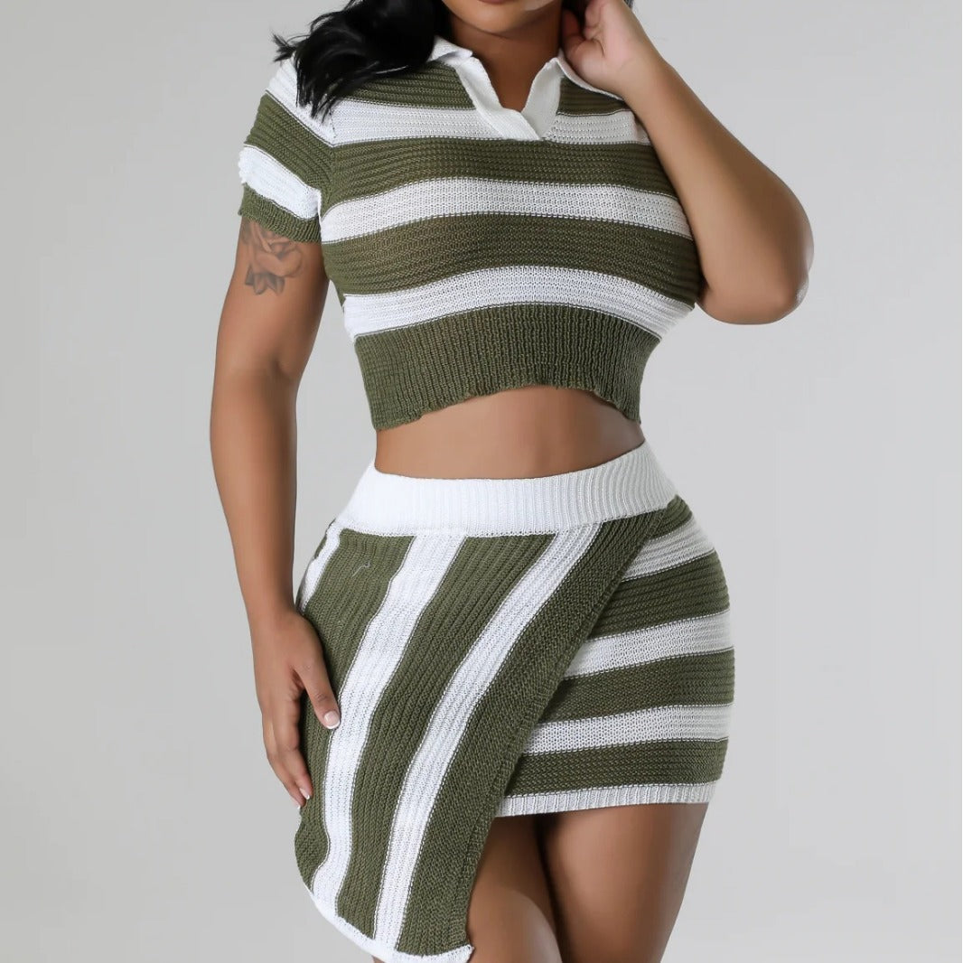 Women's Turndown Collar Short-Sleeved Striped Color-Blocking Knitting Top Slim Mini Skirt Two-Piece Set 4