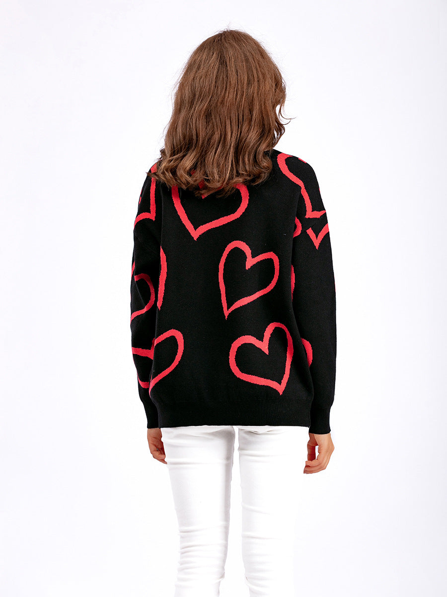 Women Round Neck Heart Print Contrast Sweater 10