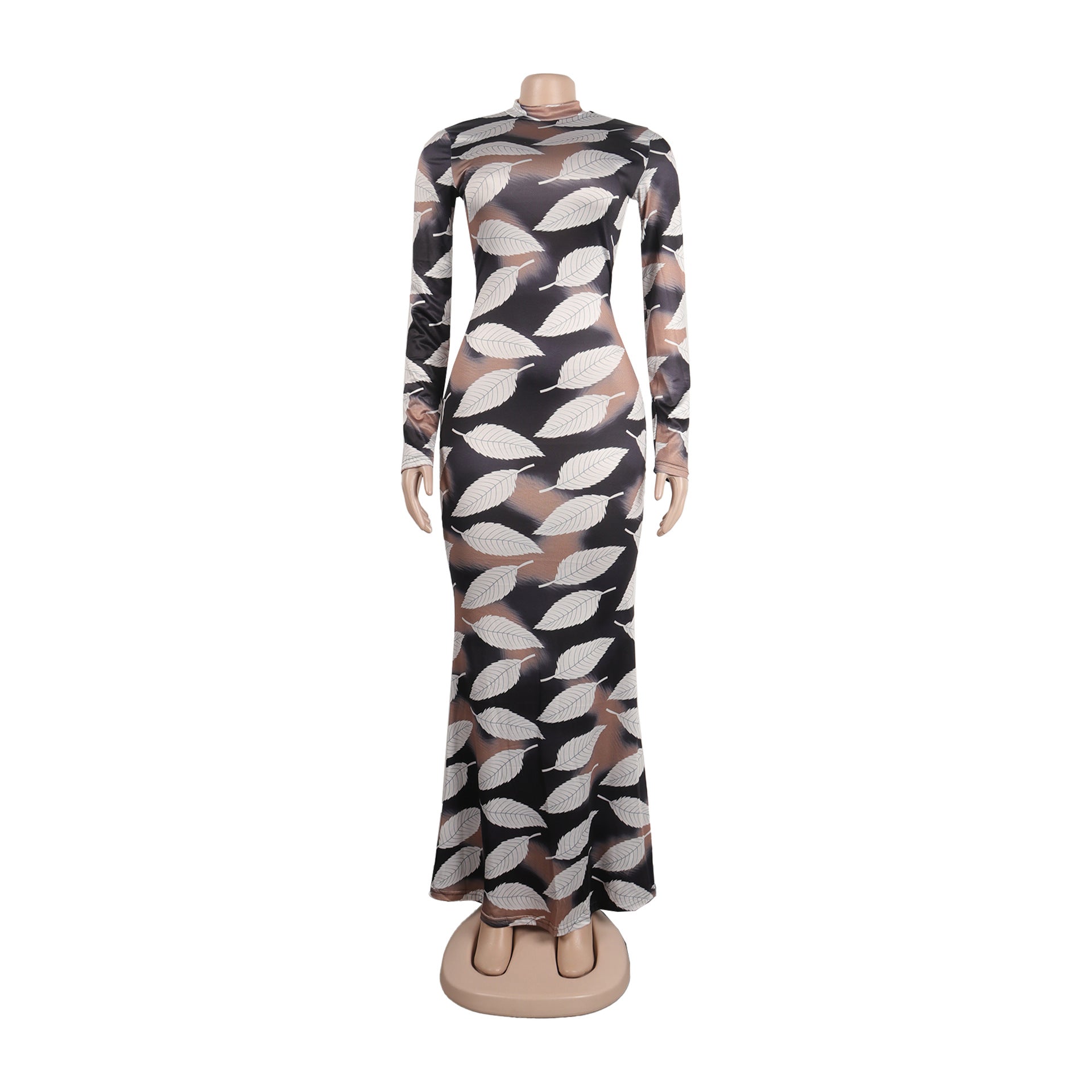 Sexy Printed Stretch Round Neck Long Sleeve Bodycon Tight Fitting Mermaid Long Dress 15