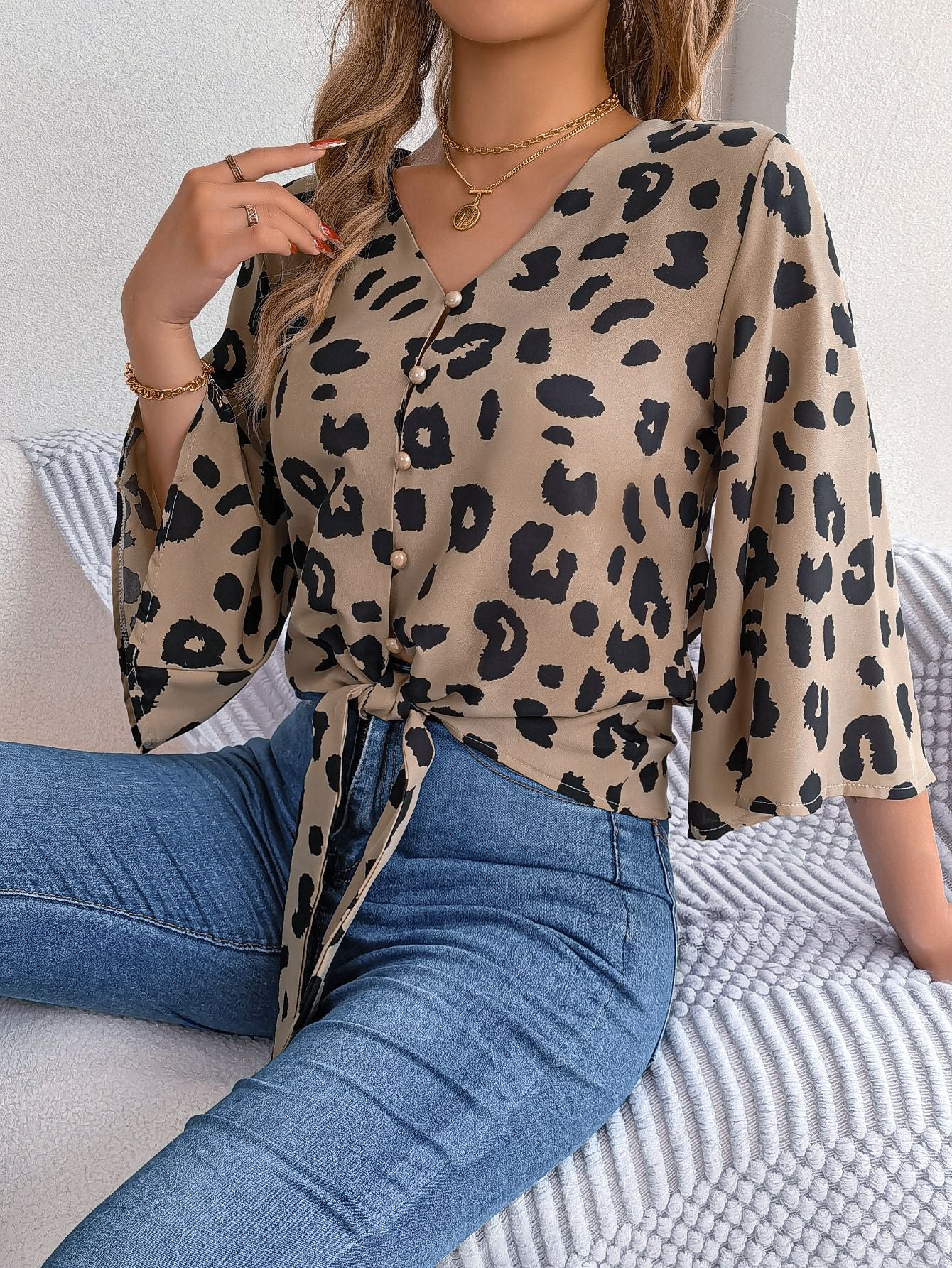 Women Casual Leopard Print Lace Up Chiffon Top 6