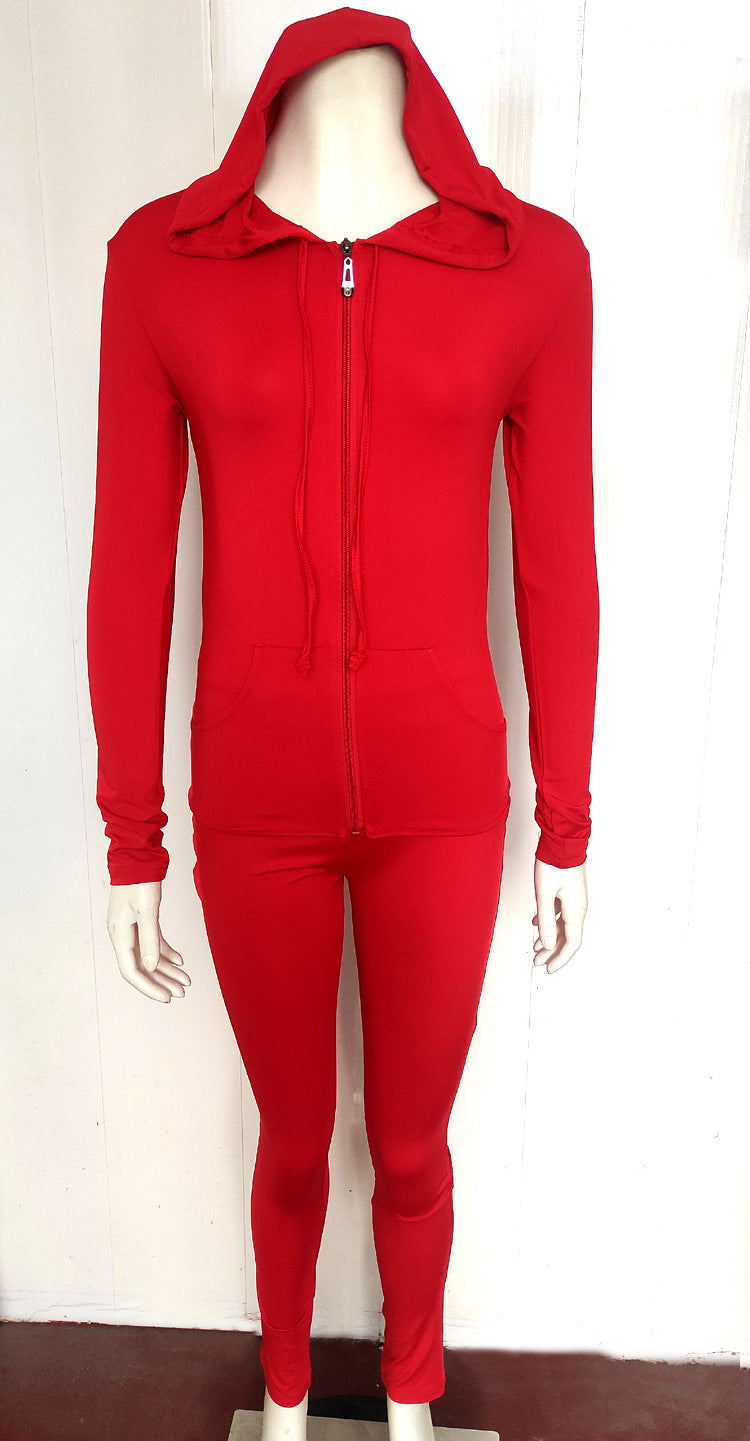 Women Casual Sports Running Fitness Zippered Hooded Top Long Pants Two-piece Set 20