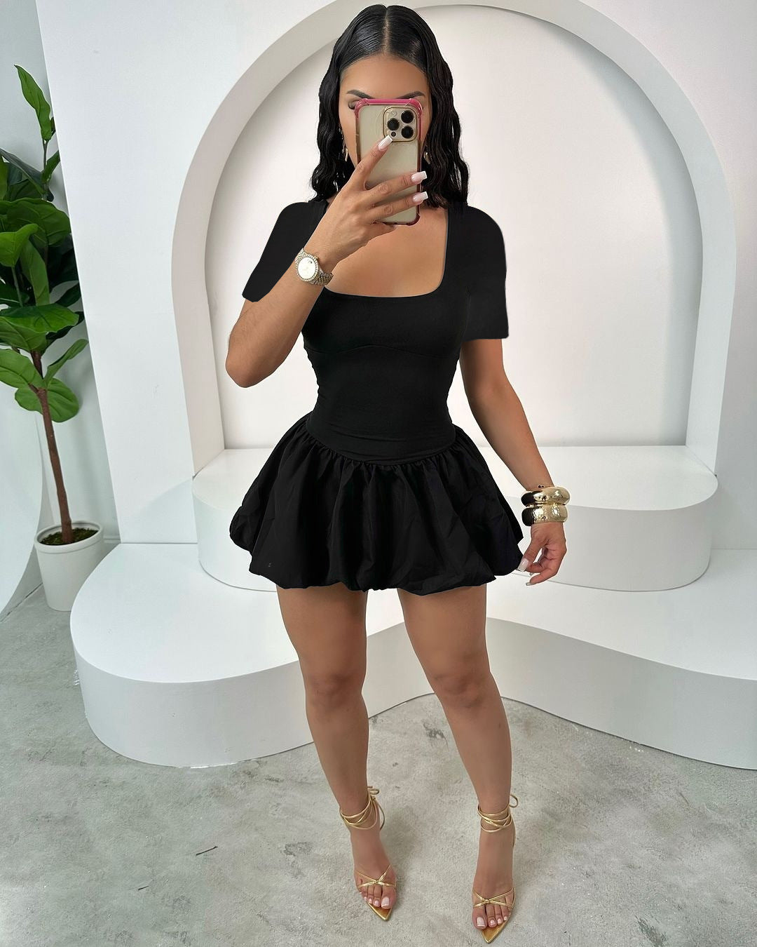 Women Short Sleeve Sexy Flower Bud Strap Dress