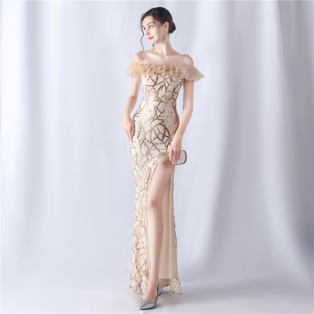 Women sequined ruffle off-the-shoulder Evening Dress 5