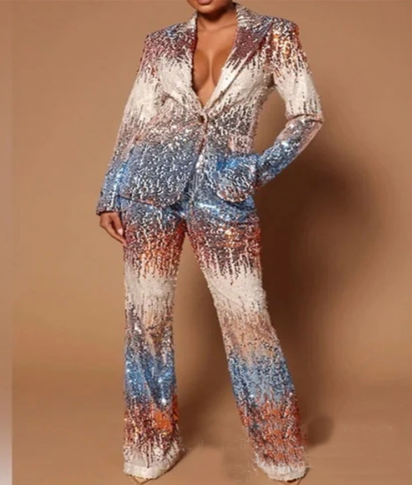 Women's sequin embroidered blazer sequined wide leg pants suit 3