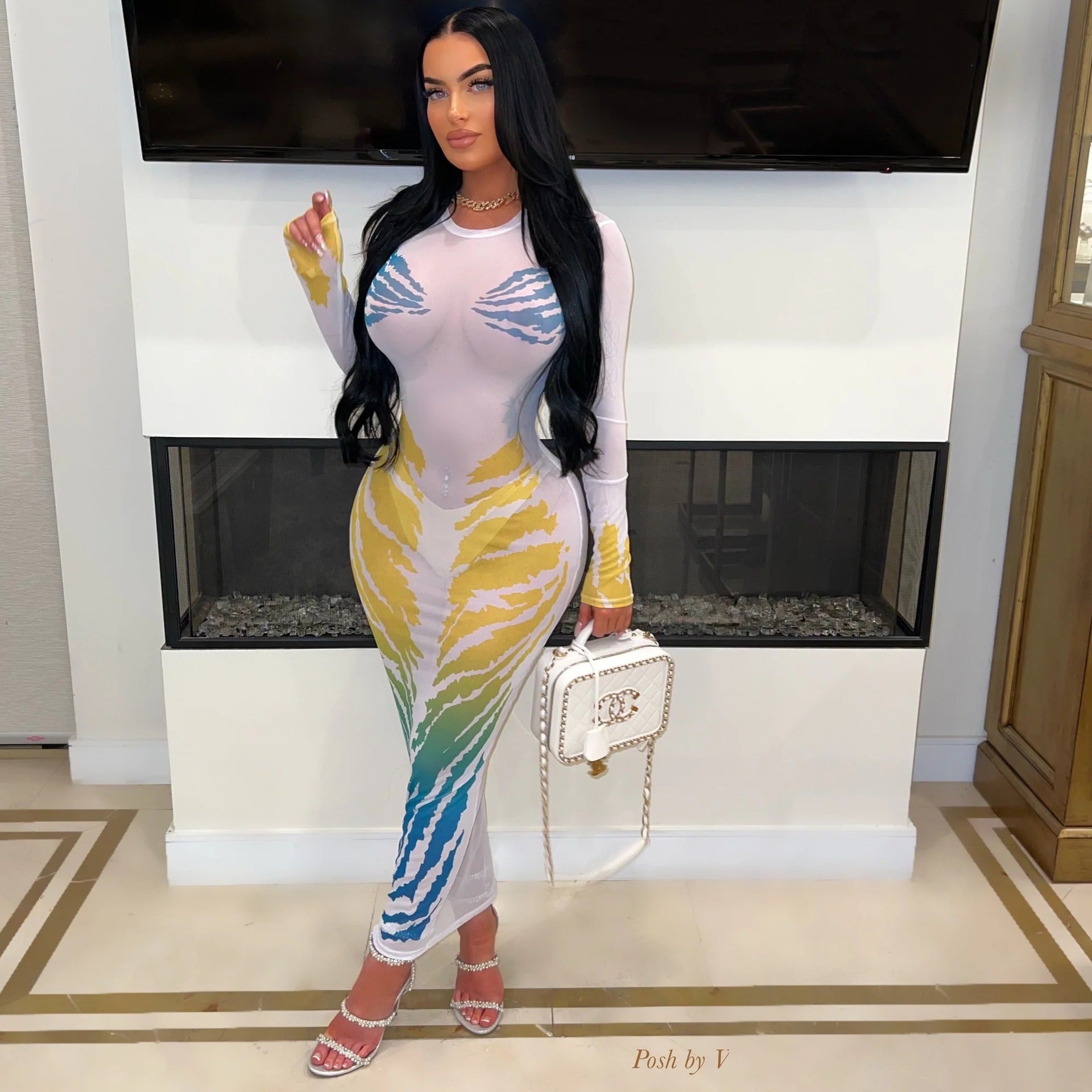 Women Fashion Round Neck See-Through Print Mesh Dress 4