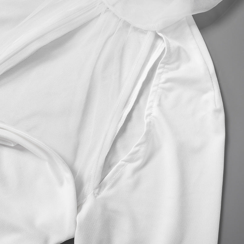 Women's Summer Solid Color Patchwork Mesh Round Neck Long Sleeve Slim Fit Pleated Short Dress 14