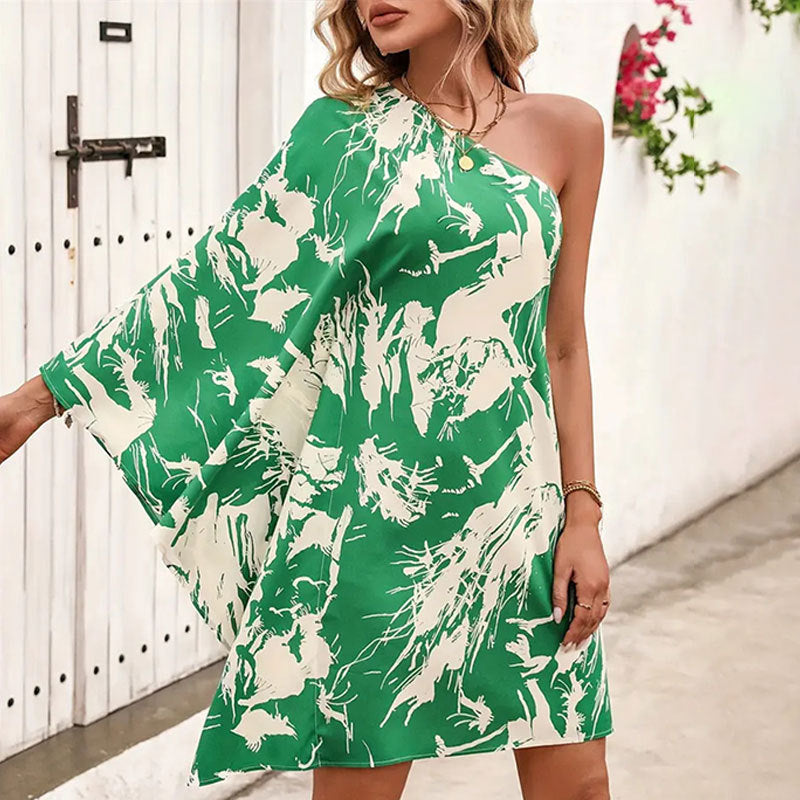 Women Slash Shoulder Bell Bottom Sleeve Print Dress 7