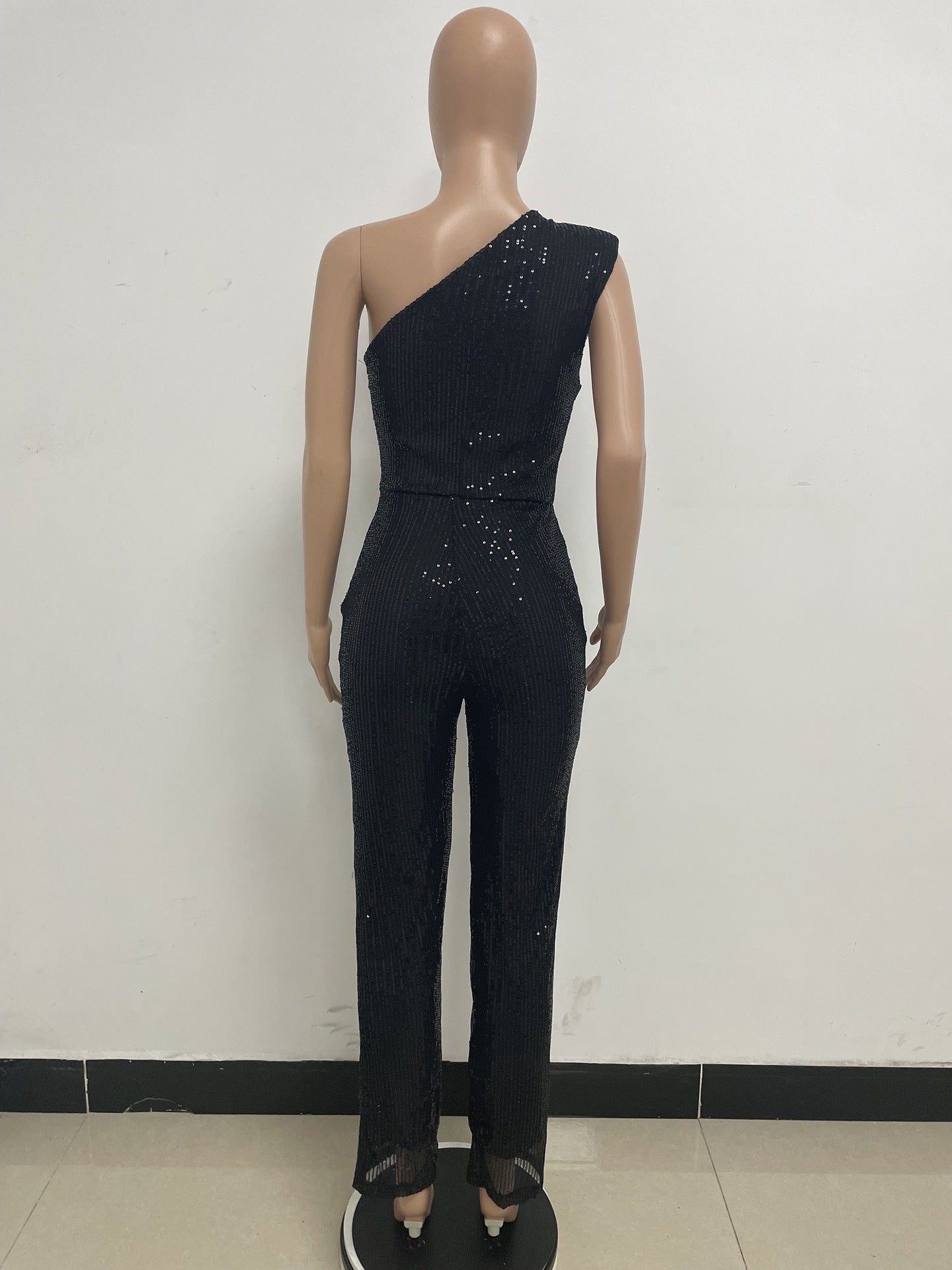 Women's Sleeveless One Shoulder Low Back Sequined Jumpsuit 40