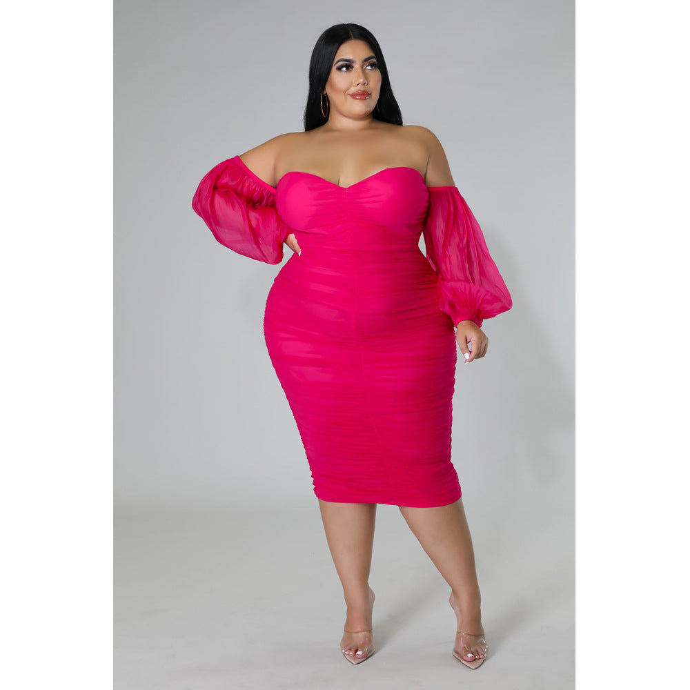 Plus Size Women Mesh Pleated Long Sleeve Dress 4